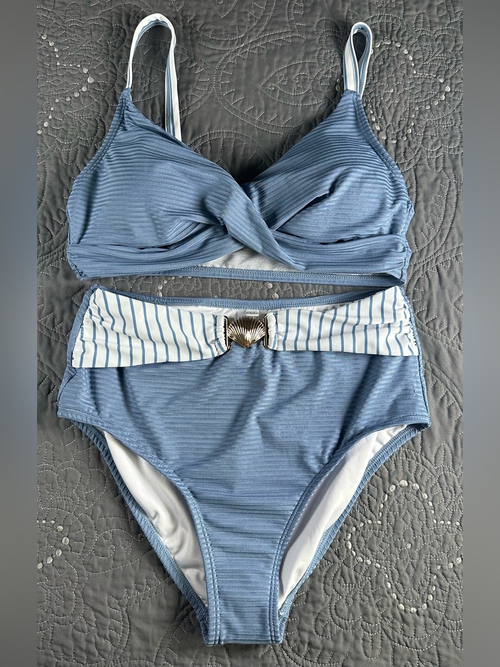 Hanna Nikole Blue/White High Waisted Bikini Set NWOT Size Medium